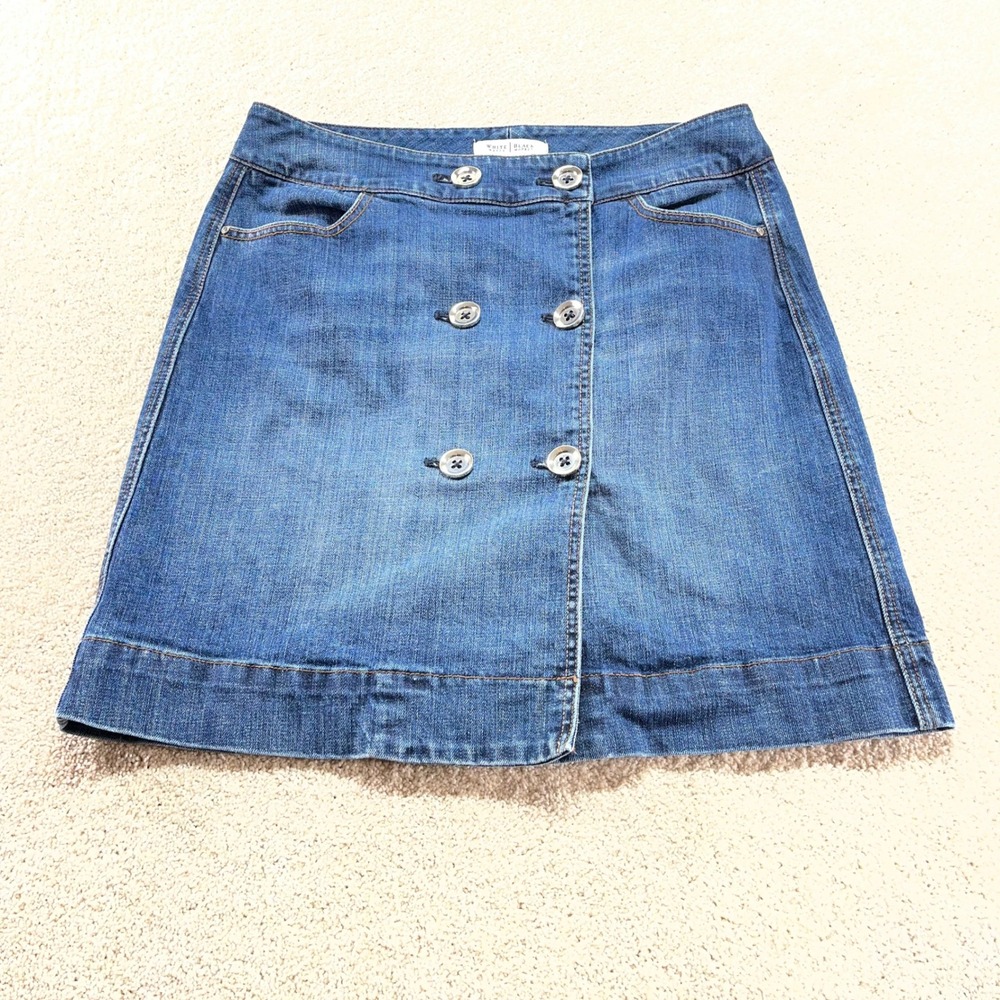 White House Black Market Denim Skirt Womens 6 Blue Double Breasted Mini A-Line